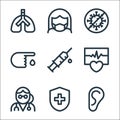 health line icons. linear set. quality vector line set such as ear, health insurance, doctor, cardiogram, syringe, blood test, no