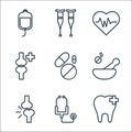 health line icons. linear set. quality vector line set such as tooth hygiene, stethoscope, human bones, ingient, drugs, human
