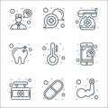 Health and medical line icons. linear set. quality vector line set such as arm, medicines, hospital, medical service, thermometer Royalty Free Stock Photo