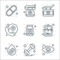 Health and medical line icons. linear set. quality vector line set such as eye, dumbbell, blood drop, medical record, medicines, Royalty Free Stock Photo