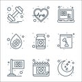 health and medical line icons. linear set. quality vector line set such as moon, medical, x rays, medicines, blood drop, heart Royalty Free Stock Photo