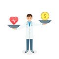 Health or money with doctor and scales vector illustration. Health versus money on scales concept. Vector