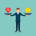 Health or money vector illustration. Heart versus money on scales. Businessman balances Health and coin concept