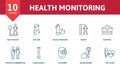 Health Monitoring icon set. Collection contain hospital, doctor, blood pressure, body weight and over icons. Health Monitoring