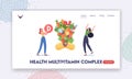 Health Multivitamin Complex Landing Page Template. Young Women Characters Holding Huge Ball with Vitamin D