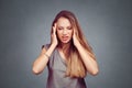 Stressed exhausted woman having strong tension headache Royalty Free Stock Photo