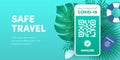 Health pass app for safe travel. Electronic Covid-19 immunity passport QR code on smartphone screen vector banner