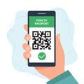Health passport concept. hand holding a smartphone with QR code, vaccination status. Vector illustration in flat style Royalty Free Stock Photo
