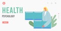 Health Psychologist Landing Page Template. Tiny Female Character Wearing Medic Robe Holding Huge Colorful Puzzle Piece