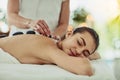 Health, relax and woman getting a hot stone back massage at spa for luxury, calm and natural self care. Beauty, body Royalty Free Stock Photo