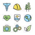 Health Safety and Environment Icon Set with medical, safety, & leaves icons