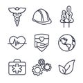 Health Safety and Environment Icon Set  with medical, safety, & leaves icons Royalty Free Stock Photo