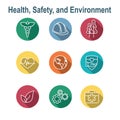 Health Safety and Environment Icon Set with medical, safety, & leaves icons