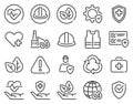 Health safety environment icons. Occupational security preventive, medical insurance, air pollution protection warning