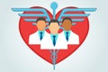 Health services flat vector illustration. Heart, and doctors with caduceus.Concept design.