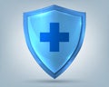 Health shield. Realistic protection symbol with cross sign, healthcare label. Medicine and personal protective equipment