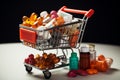 Health shopping spree trolley with blister pill, capsule, pharmacy items