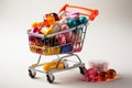 Health shopping spree trolley with blister pill, capsule, pharmacy items