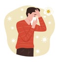 Sick Man Blowing His Nose Into Napkin for Fever Concept Illustration