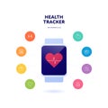 Health tracker app technology concept. Vector flat illustration. Wearable smart watch gadget with heartbeat symbol on screen. Royalty Free Stock Photo