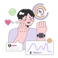 Health tracker smart watch. Character using electronic gadget to monitor
