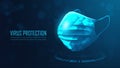 Triangulate shape of surgical mask surrounded with virus on blue background Royalty Free Stock Photo