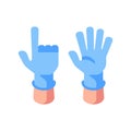 Two hands in medical gloves flat illustration. Open palm and pointed finger icons