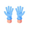 Two hands in medical gloves flat illustration. Open palms in blue gloves