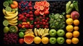 Health vegan food creative concept. Top view. Knolling composition. Organic fruits.