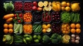 Health vegan food creative concept. Top view. Knolling composition. Organic fruits and vegetables.