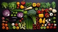 Health vegan food creative concept. Top view. Knolling composition. Organic vegetables.