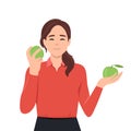 Health, vegan, fruit set concept. Young merry, cheerful woman wants to be healthy. Happy contented girl likes eco food very much.