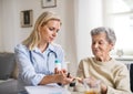 A health visitor explaining a senior woman in wheelchair how to take pills. Royalty Free Stock Photo