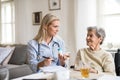 A health visitor explaining a senior woman in wheelchair how to take pills. Royalty Free Stock Photo