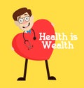 Health is Wealth - Cartoon Doctor with Heart Vector