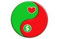 Health is wealth concept flat illustration. Heart, and dollar shape in a ying yang. A modern graphic design in green and red