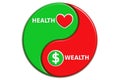 Health is wealth concept illustration. Heart, and dollar shape in a ying yang. A design in green and red