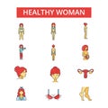 Health woman illustration, thin line icons, linear flat signs