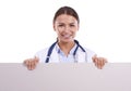 Healthcare, banner or portrait of woman doctor with studio mockup for hospital, news or info on white background. Poster