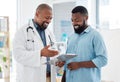 Healthcare, black man and doctor with clipboard, diagnosis and conversation for results, smile and care. Male patient