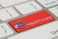 Healthcare button, red hot key on keyboard 3D rendering