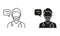Healthcare Chat, Medic Conversation Symbol Collection. Physician Talking Pictogram. Doctor in Mask with Speech Bubble