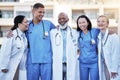 Healthcare, collaboration and doctors with nurses in medicine standing outdoor at a hospital as a team you can trust Royalty Free Stock Photo