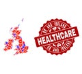 Healthcare Collage of Mosaic Map of Great Britain and Ireland and Scratched Seal Stamp