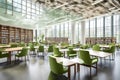 A healthcare college library with open spaces, green chairs and book stacks. a modern light and airy building.