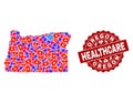 Healthcare Collage of Mosaic Map of Oregon State and Textured Seal Stamp Royalty Free Stock Photo