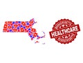 Healthcare Composition of Mosaic Map of Massachusetts State and Textured Stamp Royalty Free Stock Photo