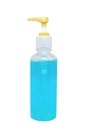 Blue alcohol gel in pump clear bottle for hand washing to protect bacteria isolated on white background. Royalty Free Stock Photo