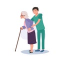 Healthcare Concept. Elderly Grandmother Walking Assistance by Happy Male Nurse in Uniform. Flat vector cartoon illustration