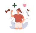 Healthcare concept. Happy healthy woman caring about heart wellness with sport, pharmacy, vitamins, vaccination, medical